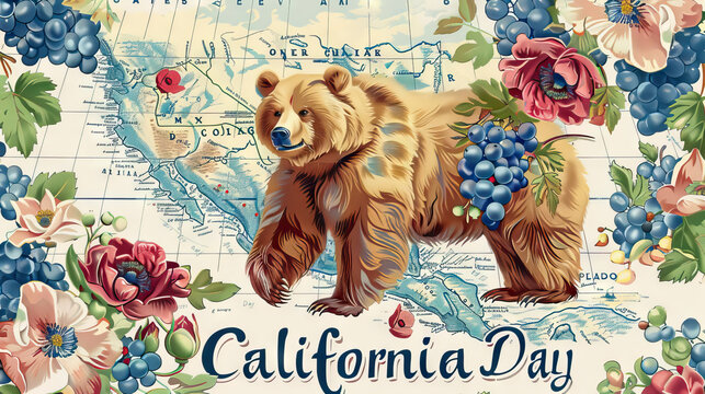 National California Day banner background featuring a map of California with key cities and landmarks highlighted, surrounded by symbols of California such as the state bear, poppies, and grapes.