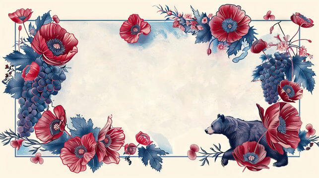 frame surrounded by symbols of California such as the state bear, poppies, and grapes on plain background with copy space in vintage style.