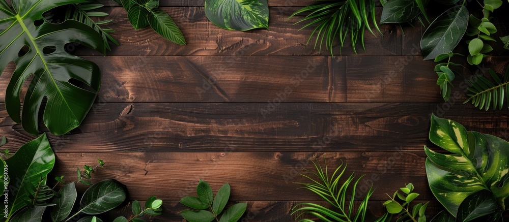 Leinwandbilder Top down view of dark toned wooden backdrop with tropical foliage creating space for graphics or text input. with copy space image. Place for adding text or design