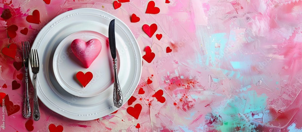 Aufkleber Valentine s Day table setting with decorative elements on a vibrant backdrop featuring copy space image