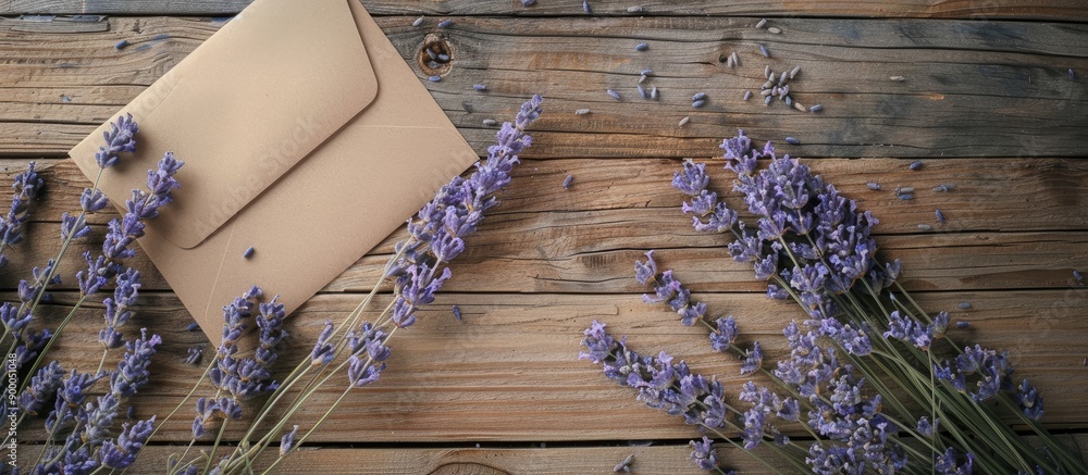 Fototapete top view of a greeting card mockup with an envelope dry lavender flowers on a wooden background offe