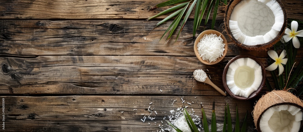 Poster coconut and coconut oil placed on a rustic wooden surface with focus on the products ideal for natur