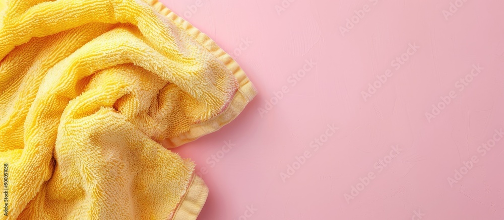Poster Top view of a yellow beach towel folded on a pink background with copy space image