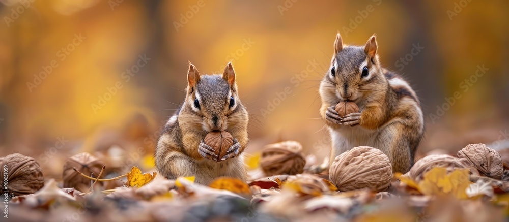 Aufkleber Adorable chipmunk munching on a walnut in a charming backdrop with a clear copy space image