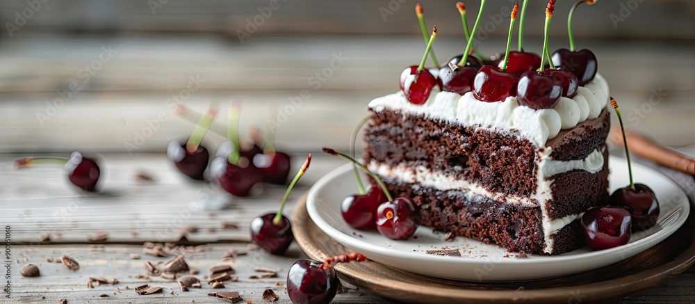 Poster chocolate cake with vanilla cream and cherries on a plate against a wooden backdrop ideal for a prod