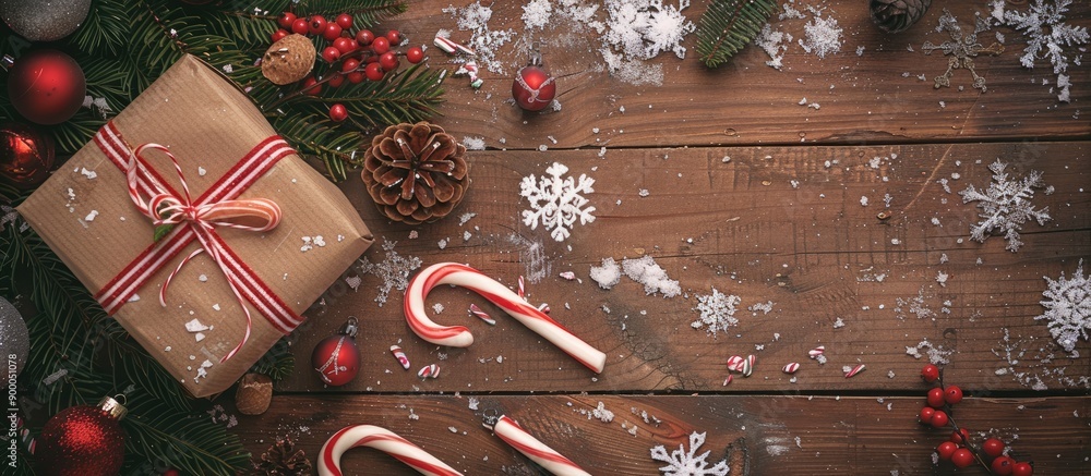Poster festive christmas composition on a wooden table with a gift box candy cane snowflake and fir tree br