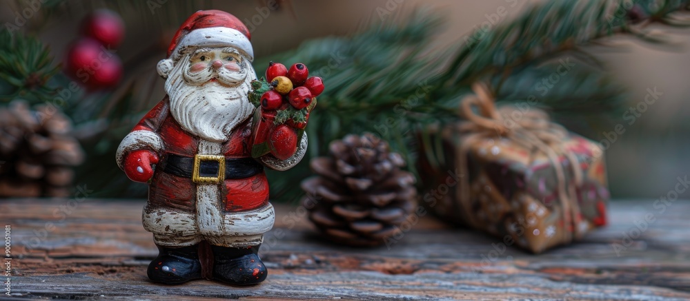 Poster mini santa claus figurine holding presents displayed in a copy space image