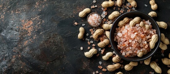 Dark gray backdrop with Himalayan coarse salt complementing peanuts on the image leaving a large area for text copy space image