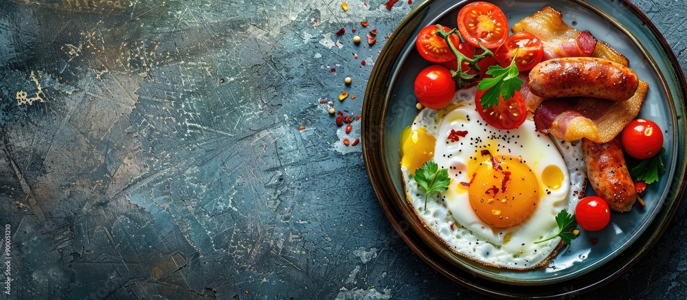 Poster View from the top showing a traditional English breakfast featuring a fried egg tomatoes sausage and bacon with a blank space for added content known as a copy space image