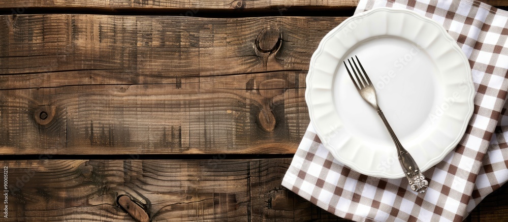 Leinwandbilder A white plate and fork placed on a rustic wooden table with a checkered tablecloth and ample copy space for text or images