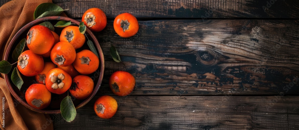 Poster bowl of autumn persimmons on wooden table backdrop with dark rustic style ideal for a natural remedy