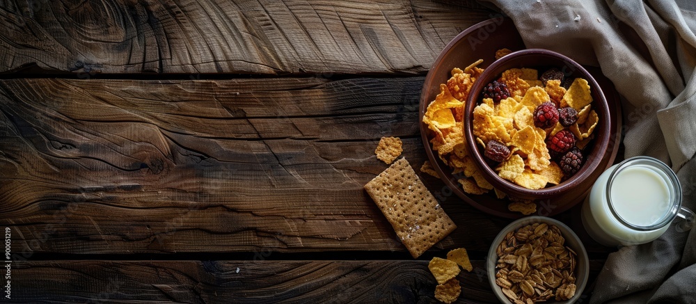 Leinwandbilder on a wooden surface there is a spread with a bowl of cornflakes dried berries granola bar and a glas