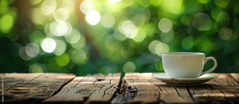 Leinwandbilder coffee cup on a rustic wooden table with a blurred green bokeh background perfect for a copy space i