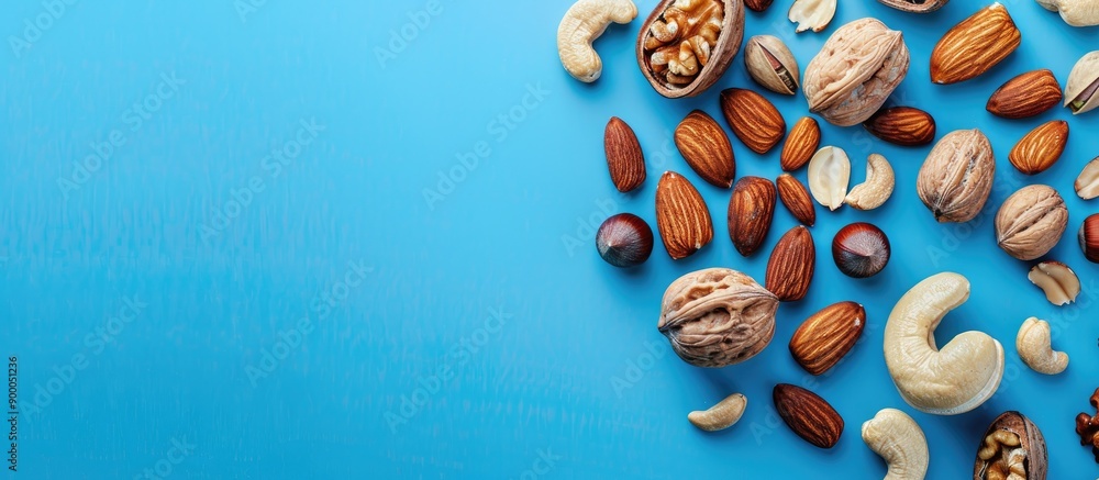Poster a variety of tasty nuts on a bright blue backdrop top down view room for adding text within the copy