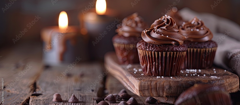 Poster Wooden table with chocolate cupcakes featuring a candle creating a charming copy space image
