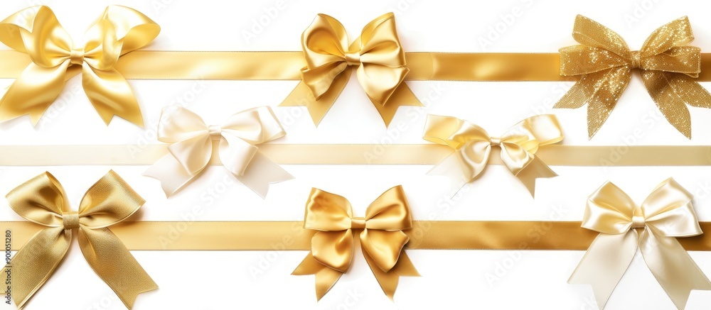 Poster a collection of elegant satin ribbons in gold with bows arranged horizontally isolated on a white ba