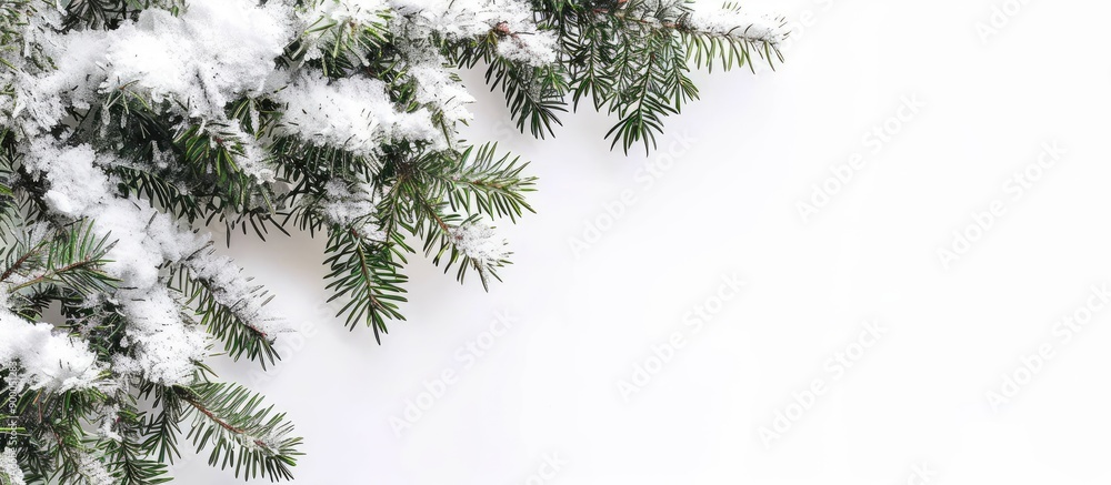 Poster Snow covered pine tree branches against a white backdrop with ample copy space image