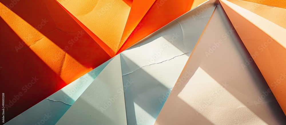 Aufkleber Abstract folded paper with sharp sunlight shadows featuring geometric patterns and lines creates a minimalist backdrop for a flat lay composition with ample copy space image
