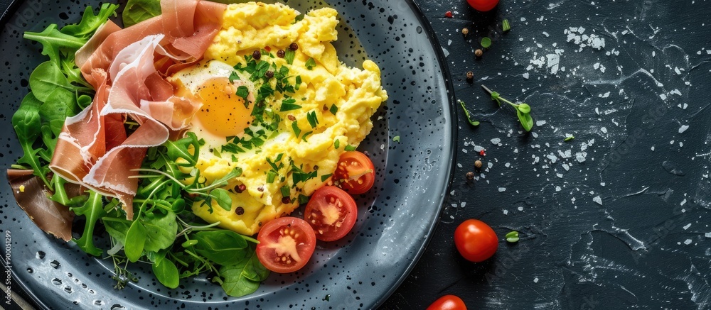 Aufkleber Scrambled eggs with prosciutto and salad presented on a dark grey slate background with copy space image