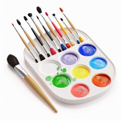 Vibrant Paint Palette with Brushes and Art Supplies on White Background in Realistic Style