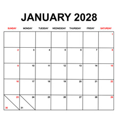 january 2028. Calendar with holydays or red dates. monthly calendar design with week starts on sunday. printable, simple, and clean vector design isolated on white background.