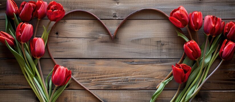 A heart shaped cutout frames red tulips arranged on a vintage wooden table creating a charming scene with copy space image