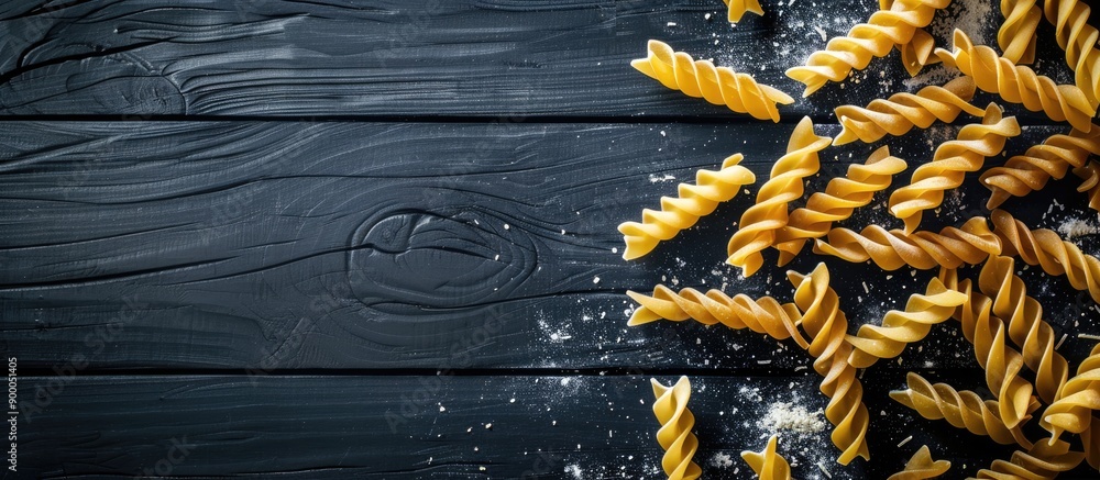 Poster top view of dry pasta on a black wooden surface typical of italian cuisine creating a visually appea