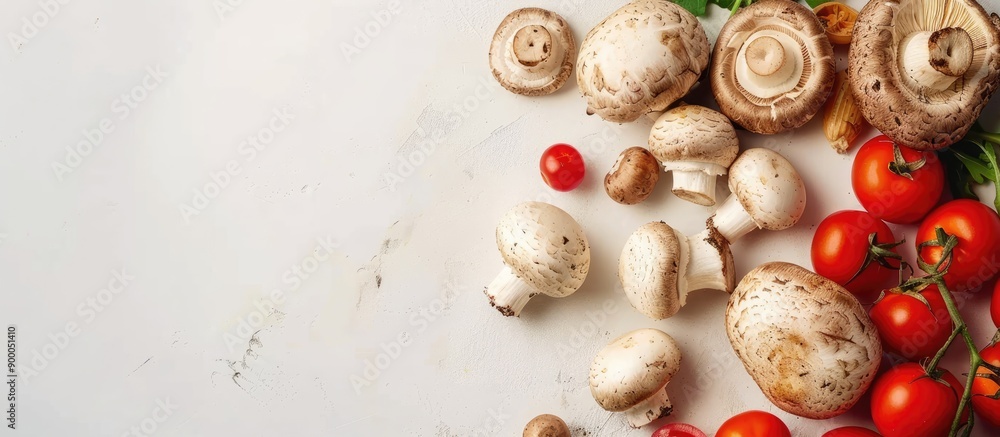 Poster top view of organic autumn vegetables including mushrooms set on a white kitchen background for dinn