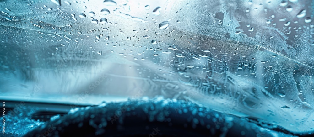 Poster close up view of snowy windshield on a car in winter with ample copy space image included