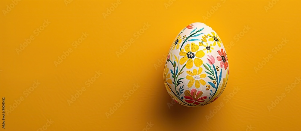 Poster a painted easter egg from above on a vibrant yellow backdrop with copy space image