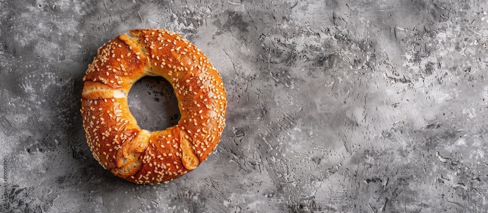 Poster top view of a traditional turkish bagel simit with sesame on a gray background providing ample copy 