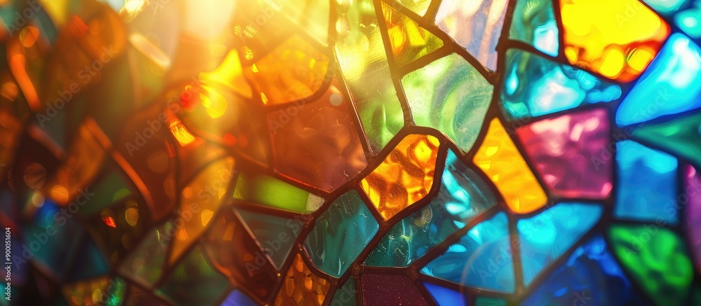 Poster blurry abstract background featuring sunlit stained glass with vibrant colors perfect for copy space