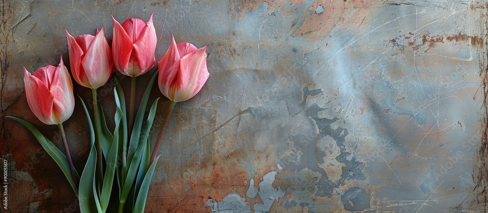 Poster Pink tulips in craft paper against a rustic backdrop convey a sign of affection with copy space image