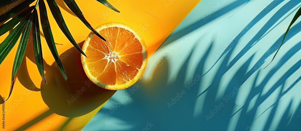 Fototapete sliced orange on vibrant backdrop with green yellow and blue tones casting a palm tree shadow in a s