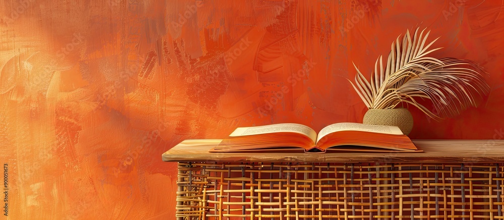 Aufkleber Wooden table with hardback books open on top set against an orange rattan background create a back to school scene with copy space for text