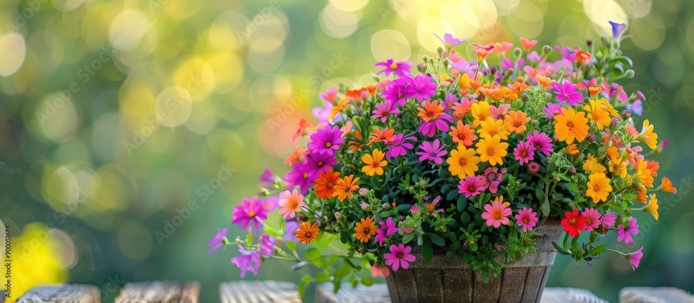 Aufkleber Vibrant flowers add color to a cheerful summer and spring setting with a beautiful view for a copy space image