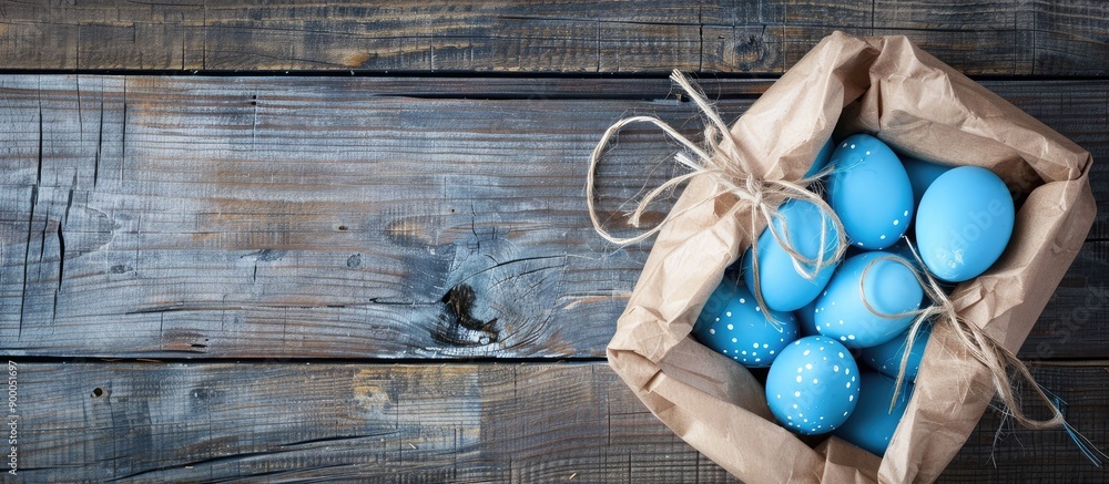 Fototapete gift bag and blue easter eggs viewed from above with room for text or graphics in the image. with co