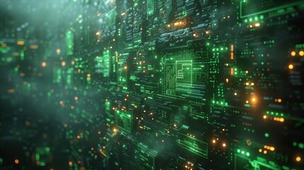 Obraz premium A detailed close-up of a futuristic digital circuit board with green and orange lights, representing technology and data flow. 