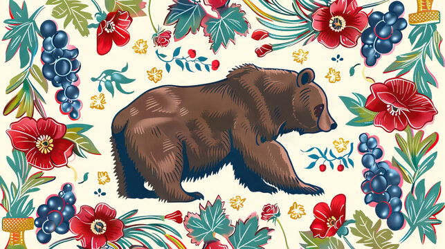 the california state bear, poppies, and grapes on white background.