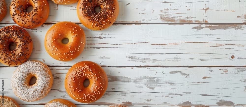 Aufkleber mini bagels drying on white wood backdrop with copy space image