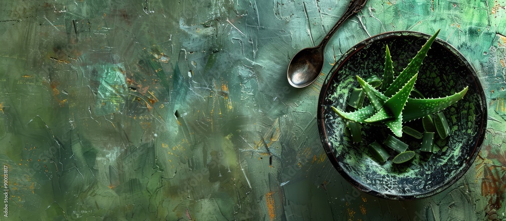 Poster a bowl and spoon displaying cut aloe leaves against a textured grunge backdrop leaving space for add