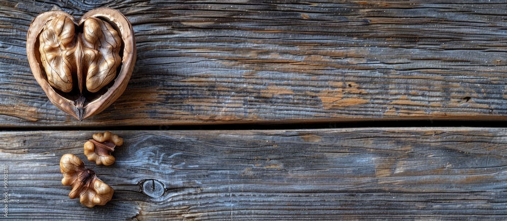 Poster close up of heart shaped cracked walnuts on a wooden background with copy space image available avai