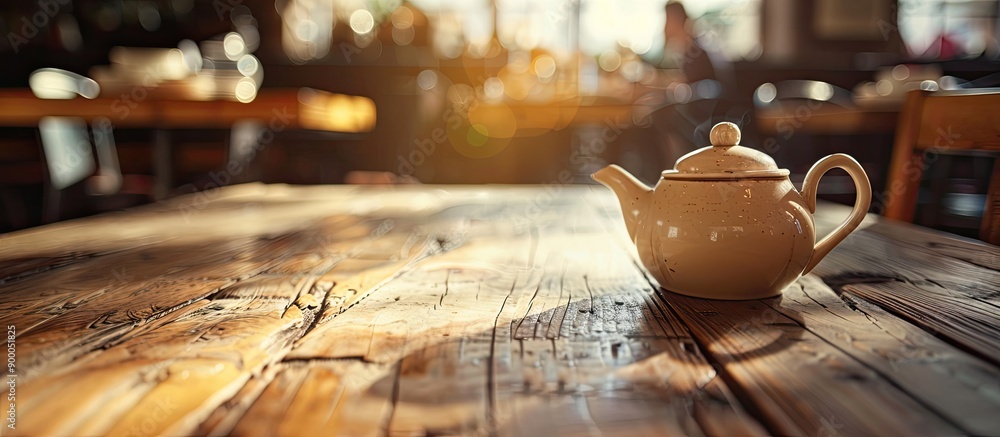 Poster Close up of a teapot on a wooden table in a cafe with a blank area for additional image or text known as copy space image