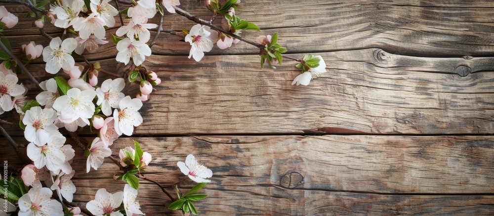Fototapete Spring branches with white pink blossoms on wooden background in rustic composition on vintage textured table featuring a close up top view and copy space image
