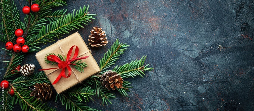 Poster Festive Xmas fir branch and gift box with room for your message on a copy space image