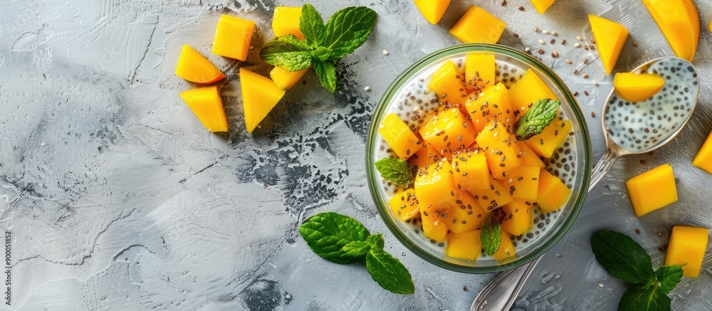 Aufkleber chia pudding topped with fresh mango pieces in a copy space image