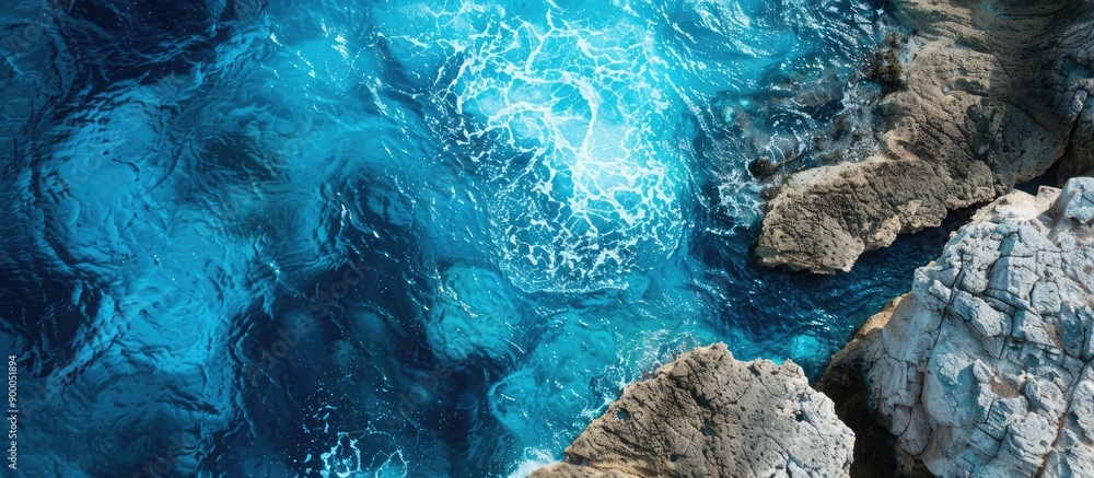Poster Aerial view of the ocean and stone with a scenic seascape as the backdrop showcasing various tones of turquoise copy space image