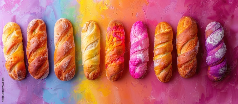 Poster Colorful long John bread buns displaying a rainbow pattern ideal for adding text with copy space image
