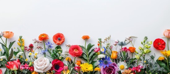 Floral greeting card with a variety of vibrant flowers for events like weddings birthdays and Easter set against a clean white background with copy space image