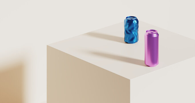Dise&ntilde;o 3D de dos latas de refresco de color azul y rosa, colocados sobre un cubo beige en un fondo neutro. Mockup.